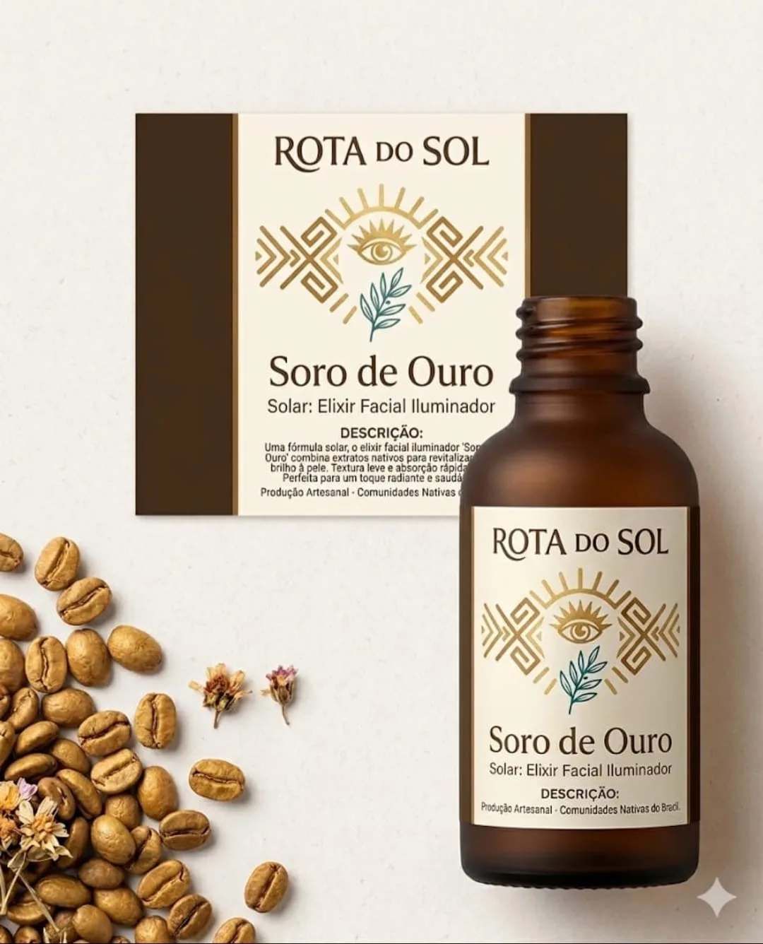 Frasco âmbar e caixa do Soro de Ouro sobre grãos de café e flores secas